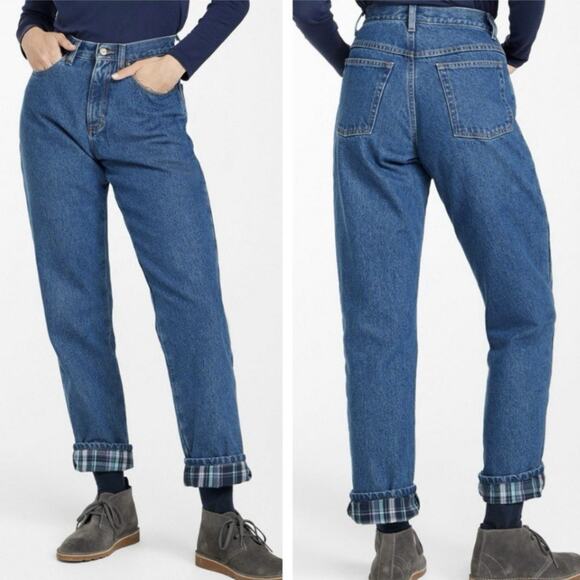 LL Bean Womens Double L Jeans Ultra High Rise Tapered Leg Flannel Lined Sz 14 P - Picture 1 of 10